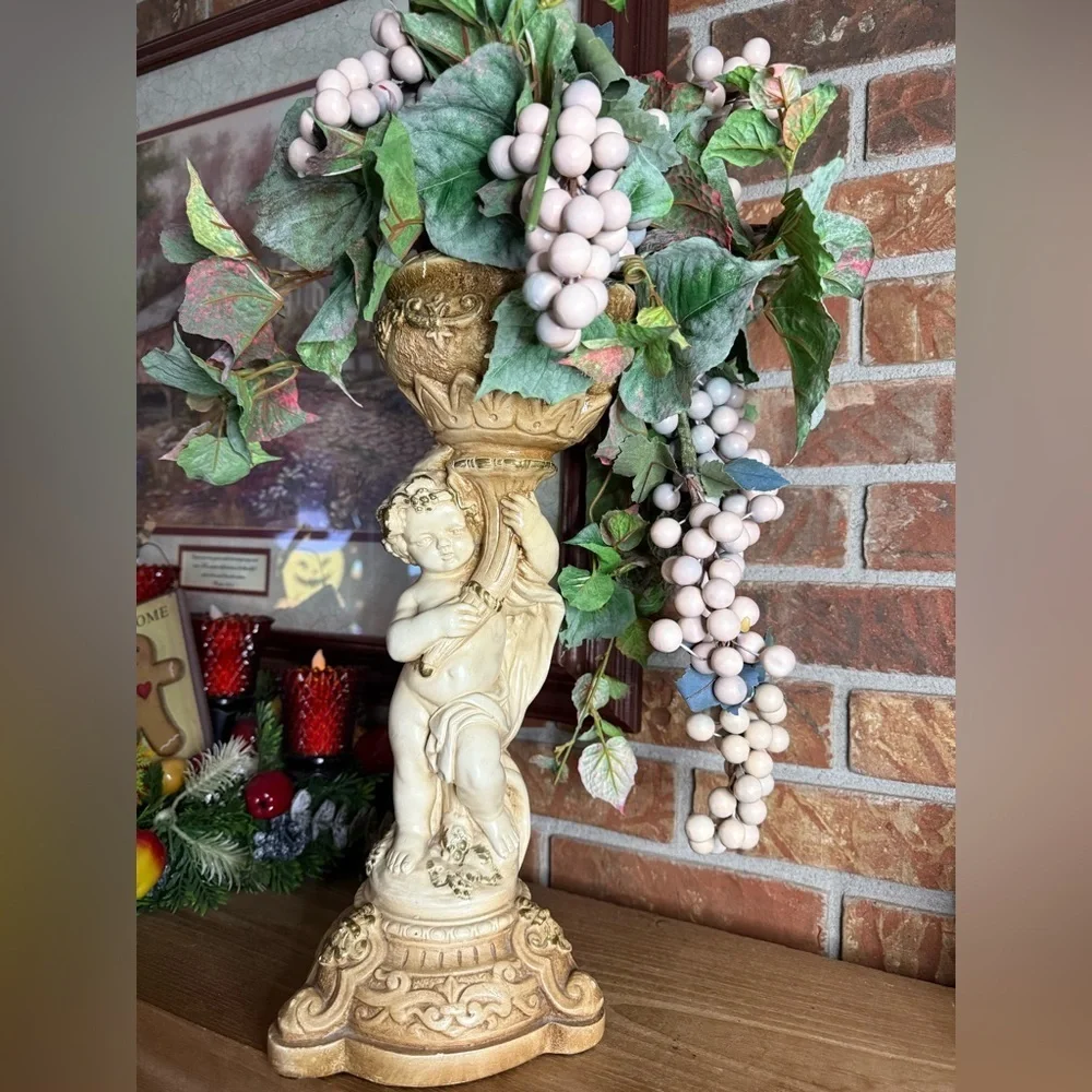 Rare Vintage 1960’s Heavy Duty Marwal Chalkware Elegant Cherub Grapevine Statue